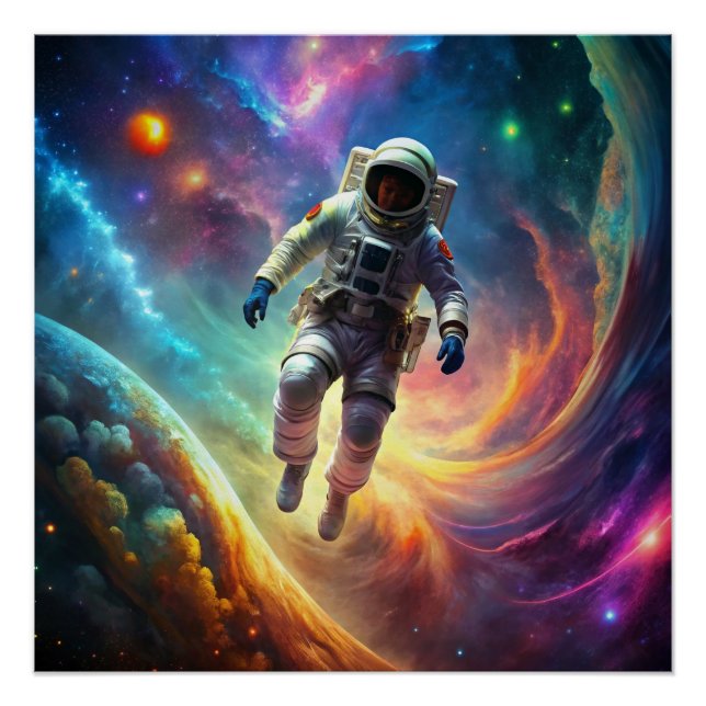 Astronaut Suspended inSpace Amidst Swirling Nebula Poster (Front)