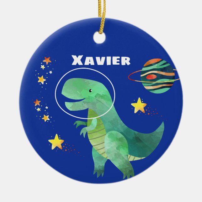 Astronaut T-Rex Dinosaur Christmas Ceramic Ornament (Front)