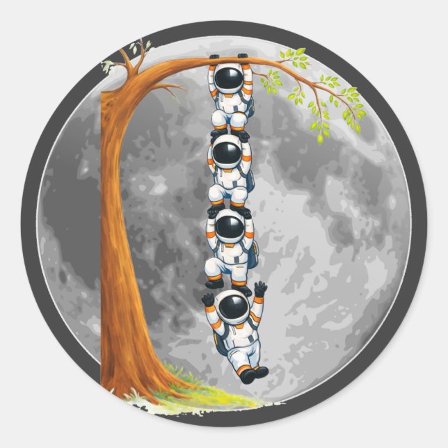 Astronaut Teamwork Tree  Classic Round Sticker (Front)