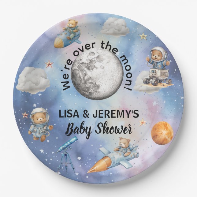 Astronaut Teddy Bears in Space Baby Shower Paper Plates (Front)