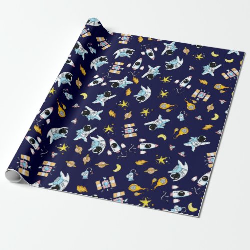 Astronaut theme in space wrapping paper