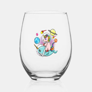 Astronaut Unicorn Riding Narwhal Space Universe Stemless Wine Glass