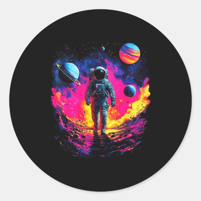 Astronaut Walking In Galaxy Outer Space Explorer S Classic Round Sticker (Front)