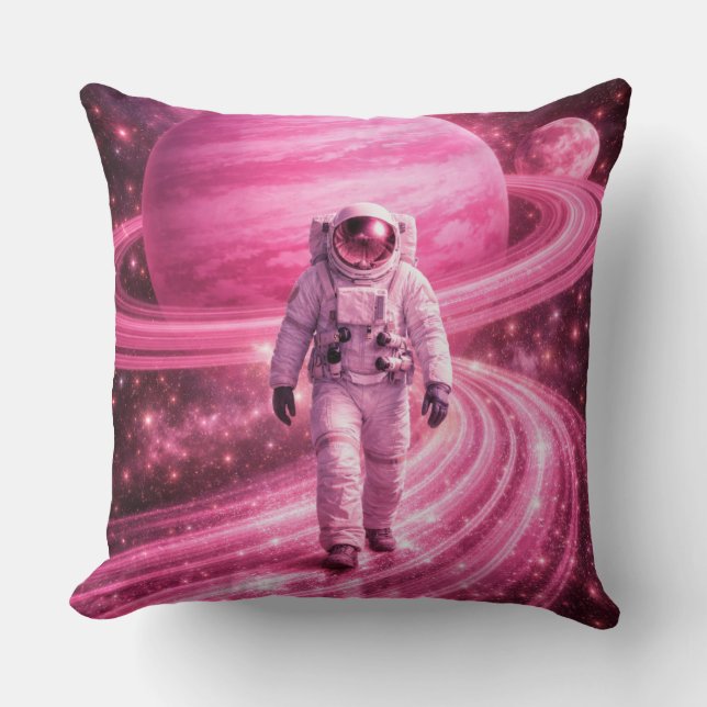 Astronaut Walking on Pink Rings Throw Pillow (Front)