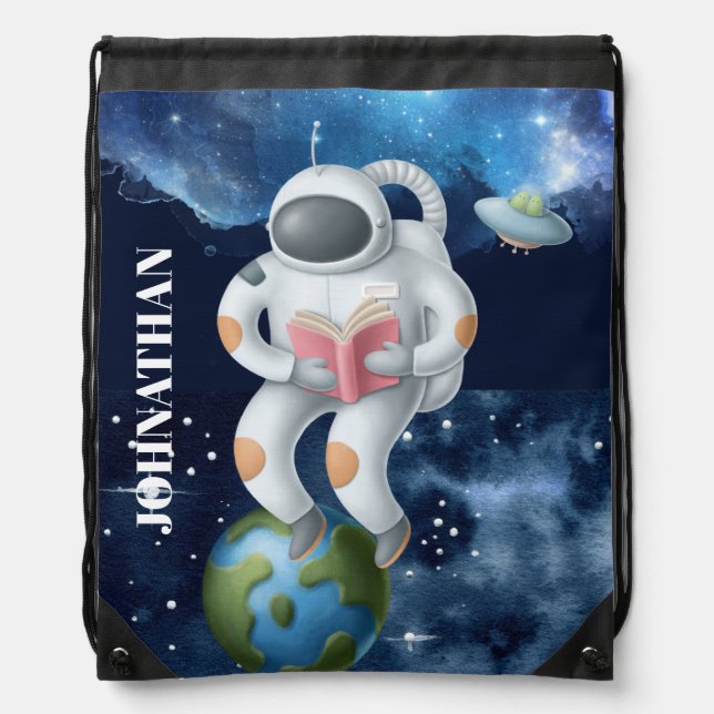 Astronaut with book DIY name outer space boys Drawstring Bag (Front)