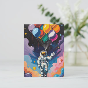 Astronaut with colorful balloons in space postcard