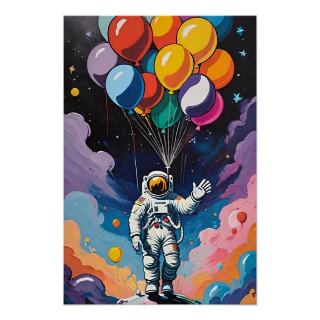 Astronaut with colorful balloons in space  poster (Front)