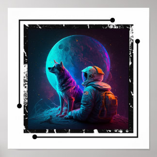 Astronaut with dog in Space , Neon Design Art Poster