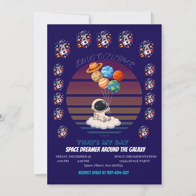  Astronaut with Planet Balloons Invitation (Front)