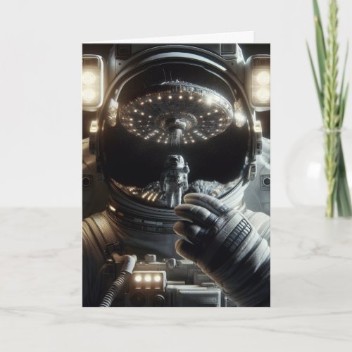 Astronaut with reflection of UFO  Birthday Card