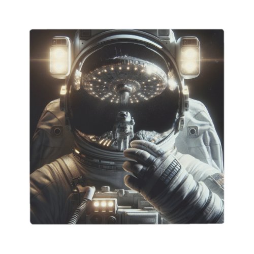 Astronaut with reflection of UFO Metal Print