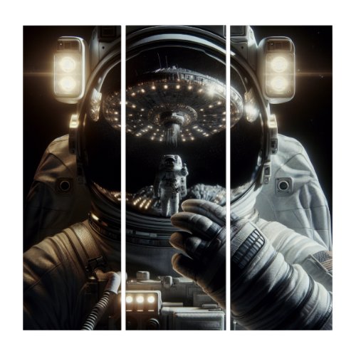 Astronaut with reflection of UFO Triptych