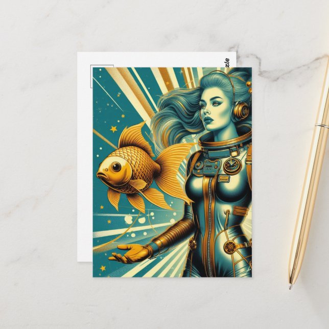 astronaut  woman and gold fish postcard (Front/Back In Situ)