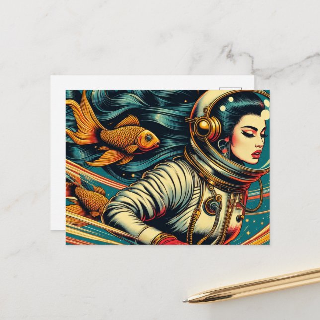 astronaut  woman and gold fish retro unique postcard (Front/Back In Situ)