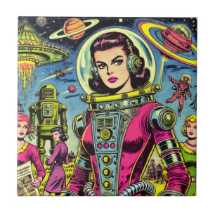 Astronaut Woman Vintage Sci-Fi Comics Ceramic Tile