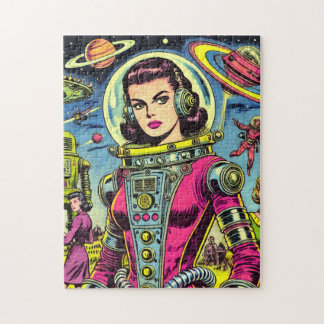 Astronaut Woman Vintage Sci-Fi Comics Jigsaw Puzzle