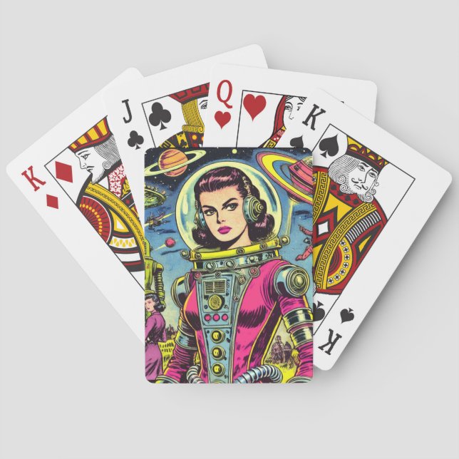Astronaut Woman Vintage Sci-Fi Comics Poker Cards (Back)
