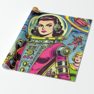 Astronaut Woman Vintage Sci-Fi Comics Wrapping Paper