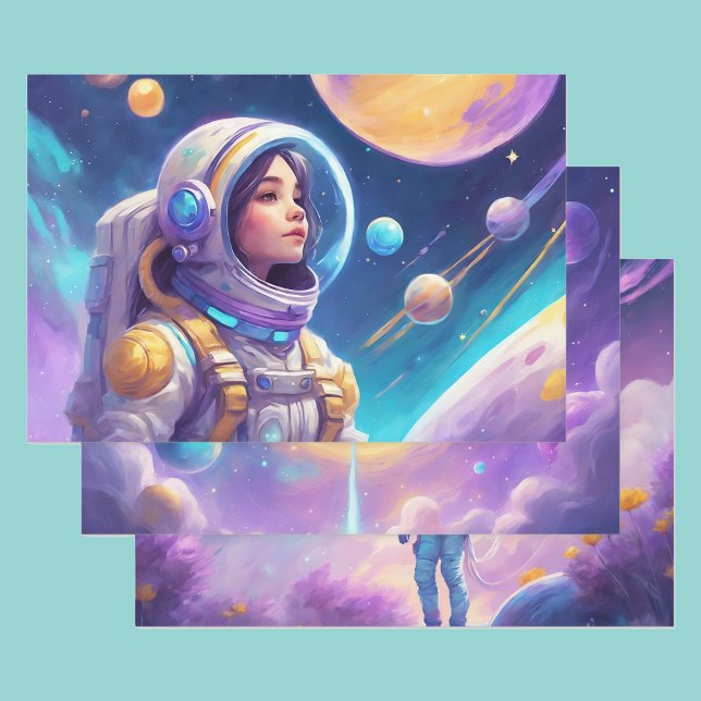 Astronaut Young Girl In Space Rockets Planets 3 Wrapping Paper Sheets (Creator Uploaded)