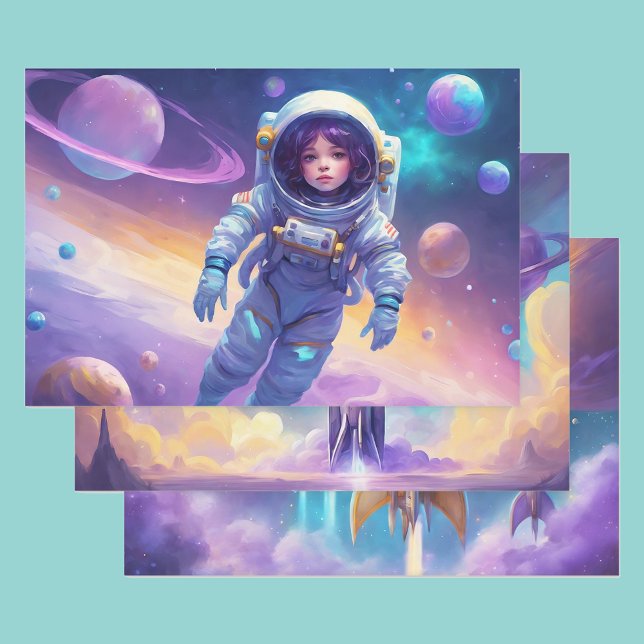 Astronaut Young Girl In Space Rockets Planets 3 Wrapping Paper Sheets (Creator Uploaded)