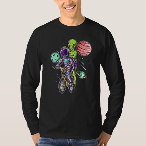 Astronauts and Aliens Cycling in Space Between Pla T_Shirt