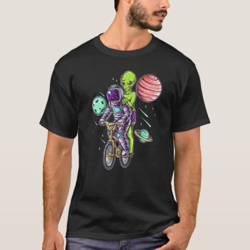 Astronauts and Aliens Cycling in Space Between Pla T_Shirt
