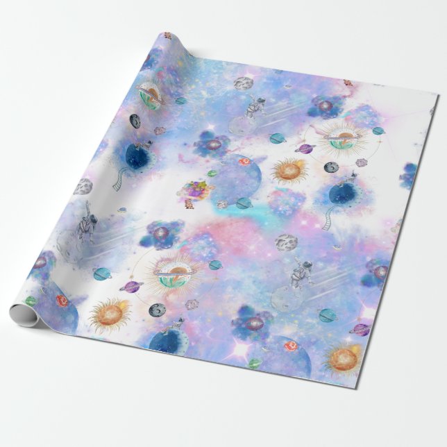 Astronauts and Planets Wrapping Paper (Unrolled)