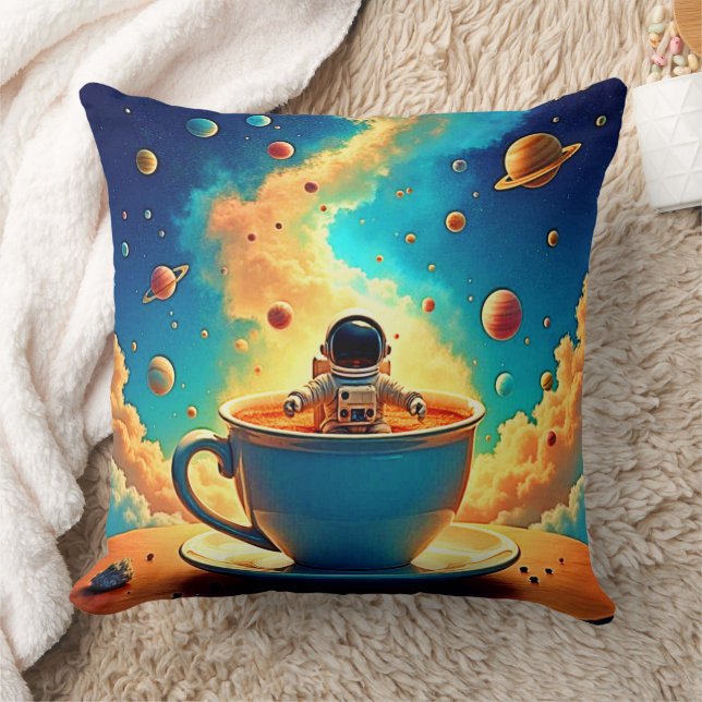Astronaut's Coffee Cosmos Journey Throw Pillow (Blanket)