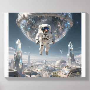 Astronaut's Descent into the Futuristic Metropolis Canvas Photo Tile