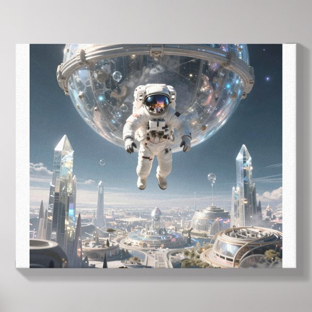 Astronaut's Descent into the Futuristic Metropolis Canvas Photo Tile (Front Set)