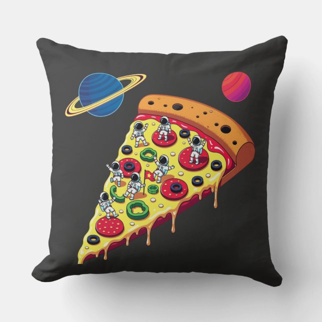 Astronauts enjoying a pizza in space throw pillow (Front)