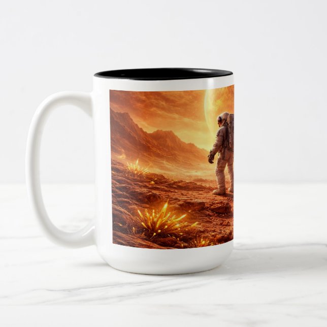 Astronauts Explore Orange Planet Two-Tone Coffee Mug (Left)
