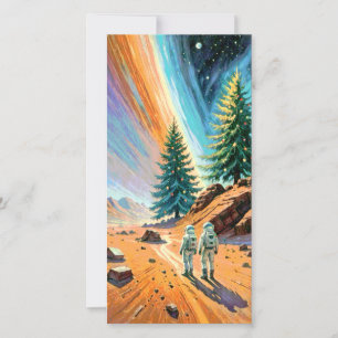 Astronauts Exploring Alien Landscape Holiday Card