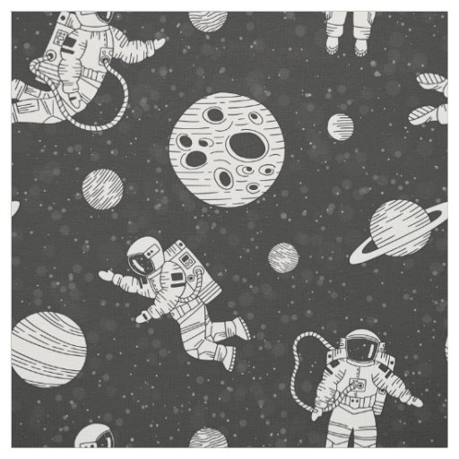 Astronauts in outer space  black and white fabric