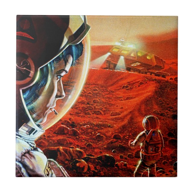 Astronauts on Mars in a Dust Storm - Retro Space  Ceramic Tile (Front)