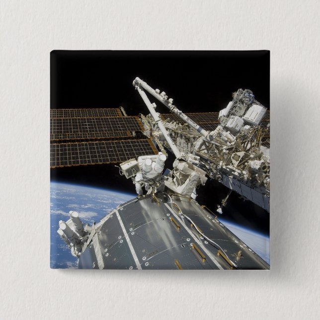 Astronauts perform a series of tasks pinback button (Front)