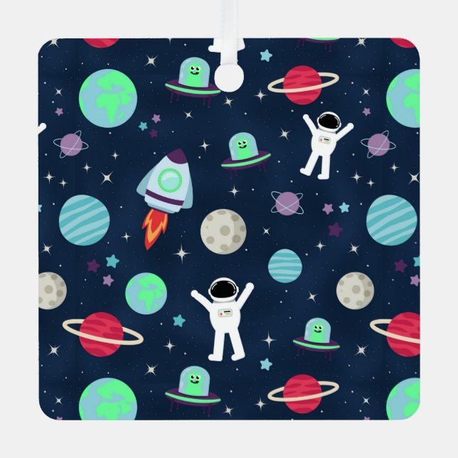 Astronauts Planets Rockets and Aliens Metal Ornament (Front)