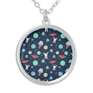 Astronauts Planets Rockets and Aliens Silver Plated Necklace
