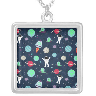 Astronauts Planets Rockets and Aliens Silver Plated Necklace