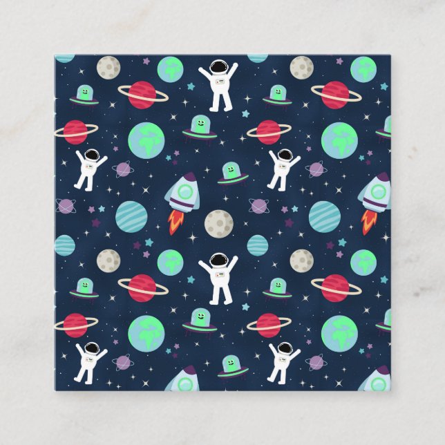 Astronauts Planets Rockets and Aliens Square Business Card (Front)