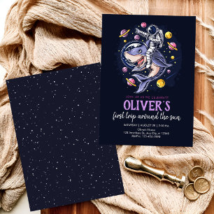 Astronauts ride a shark in space with the planets invitation