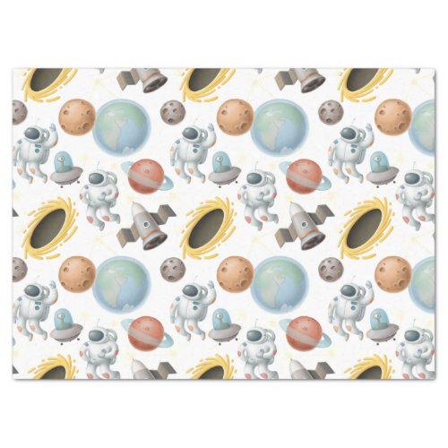 Astronauts Rockets and Planets on White Decoupage Tissue Paper