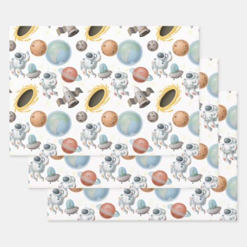 Astronauts Rockets and Planets on White Wrapping Paper Sheets