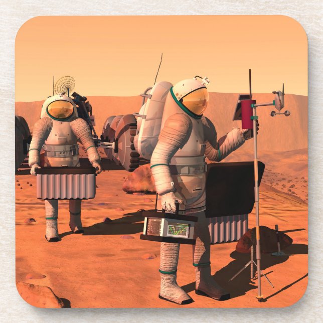 Astronauts Setting Up Weather Equipment On Mars. Beverage Coaster (Front)