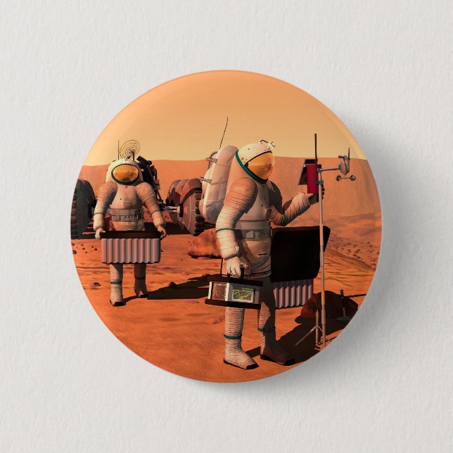 Astronauts Setting Up Weather Equipment On Mars. Button (Front)