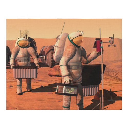 Astronauts Setting Up Weather Equipment On Mars Faux Canvas Print