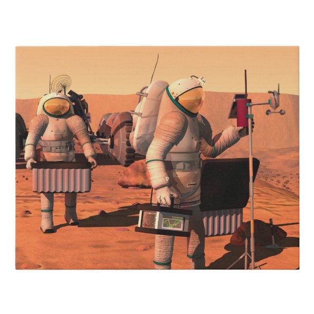 Astronauts Setting Up Weather Equipment On Mars. Faux Canvas Print (Front)
