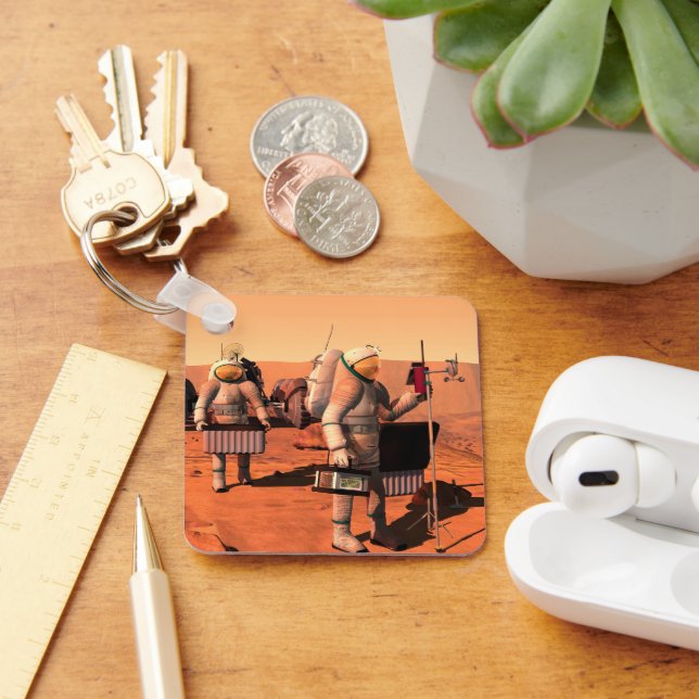 Astronauts Setting Up Weather Equipment On Mars. Keychain (Desk)