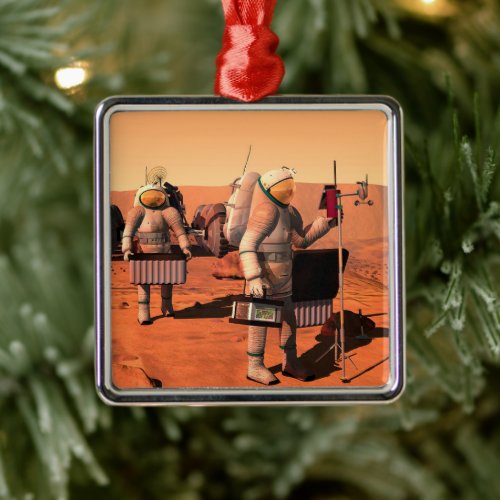 Astronauts Setting Up Weather Equipment On Mars Metal Ornament