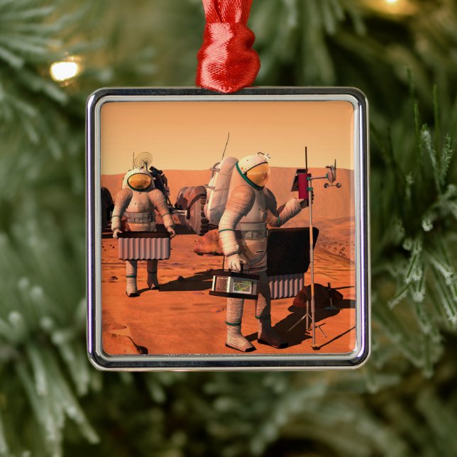 Astronauts Setting Up Weather Equipment On Mars. Metal Ornament (Tree)